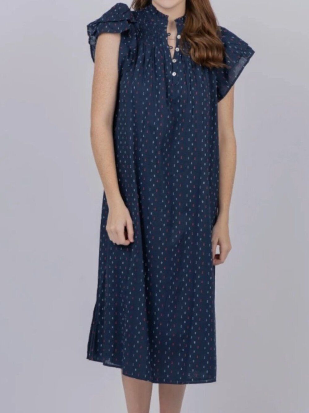 Never A Wallflower Smocked Midi Cottagecore Dress Naby Swiss Dot Size M NWOT